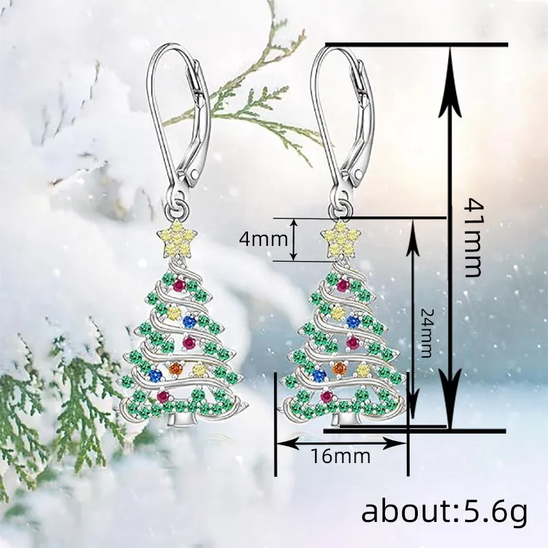 White gold coloured Christmas tree earrings for women with star accents on copper pendant