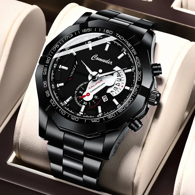 Men's automatic movement watch with calendar and luminous display, steel belt, large dial, available in multiple colours