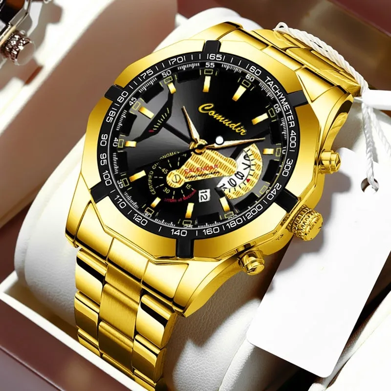 Men's automatic movement watch with calendar and luminous display, steel belt, large dial, available in multiple colours