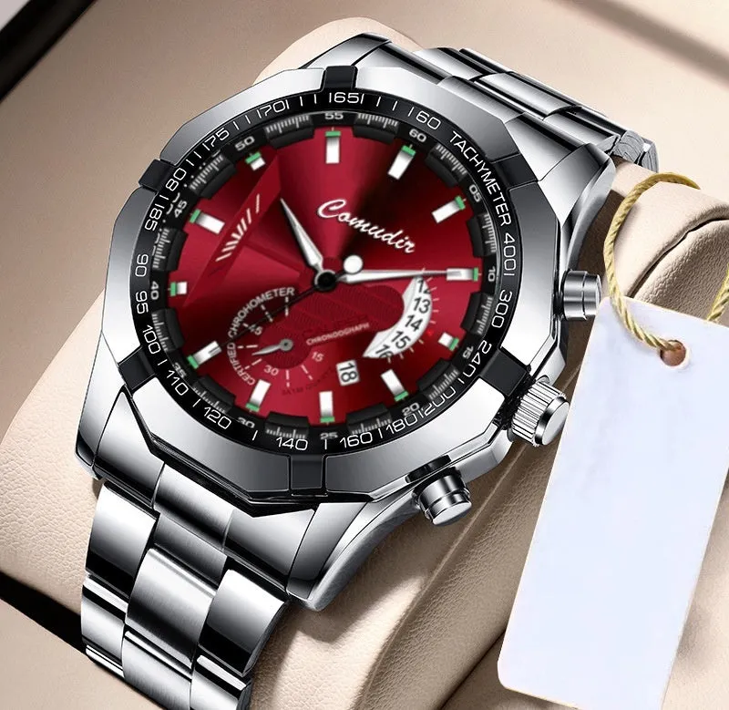 Men's automatic movement watch with calendar and luminous display, steel belt, large dial, available in multiple colours