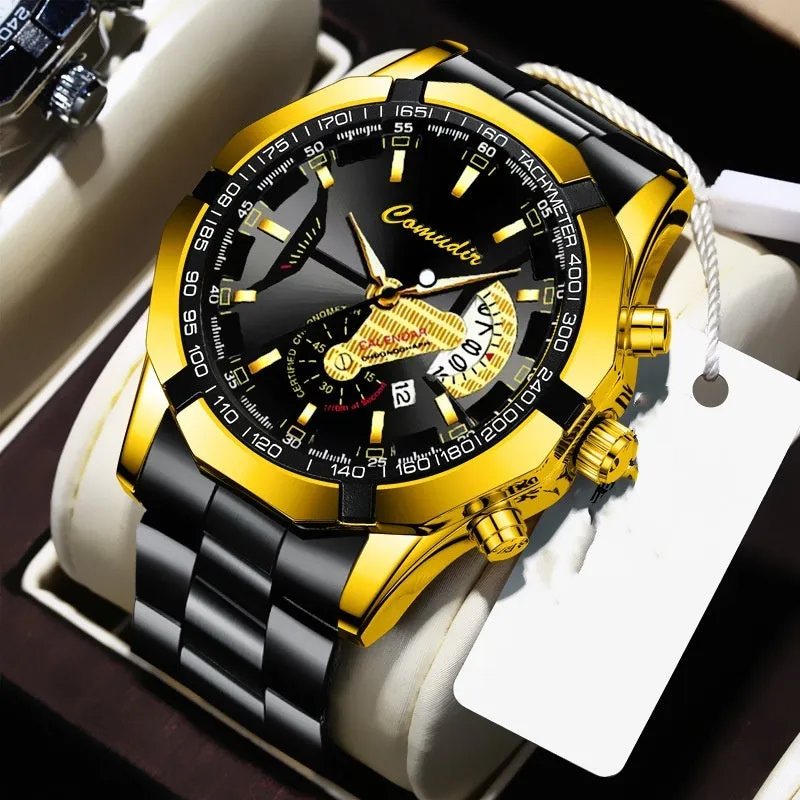 Men's automatic movement watch with calendar and luminous display, steel belt, large dial, available in multiple colours