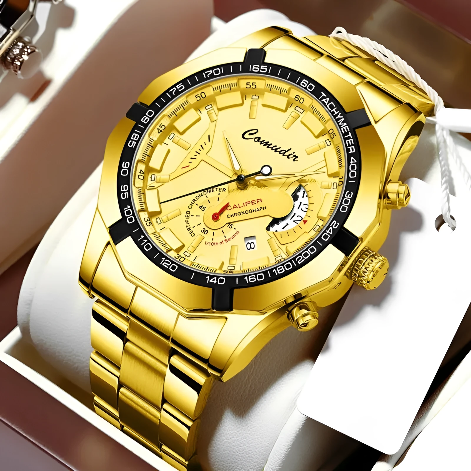Men's automatic movement watch with calendar and luminous display, steel belt, large dial, available in multiple colours