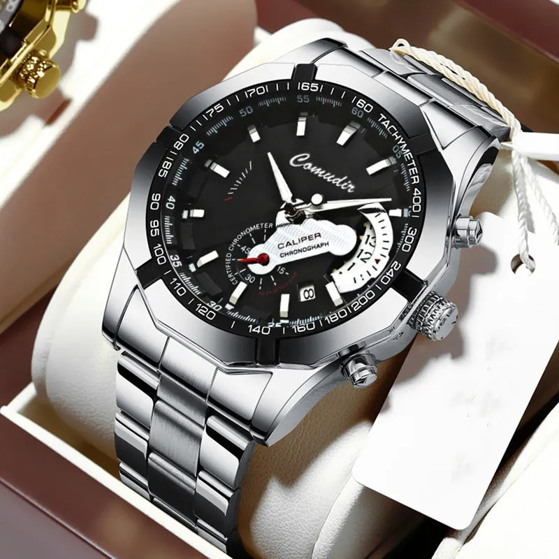 Men's automatic movement watch with calendar and luminous display, steel belt, large dial, available in multiple colours