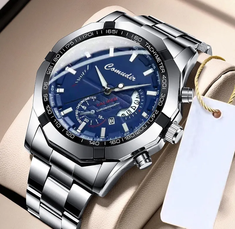Men's automatic movement watch with calendar and luminous display, steel belt, large dial, available in multiple colours
