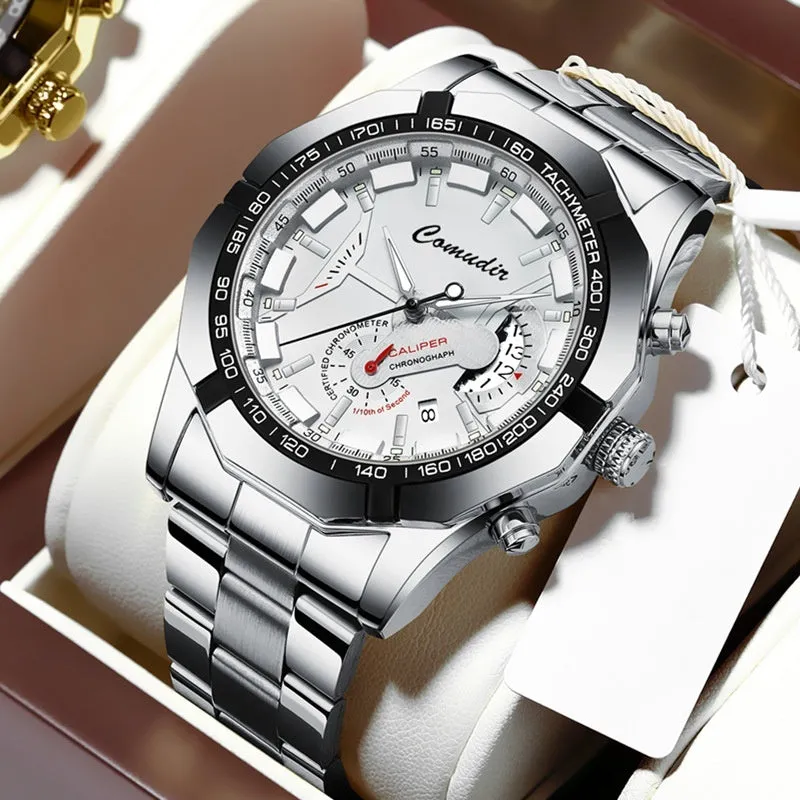 Men's automatic movement watch with calendar and luminous display, steel belt, large dial, available in multiple colours