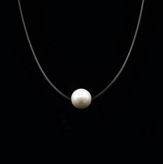 Transparent fishline necklace with simple clavicle chain and geometric copper pendant in Korean style