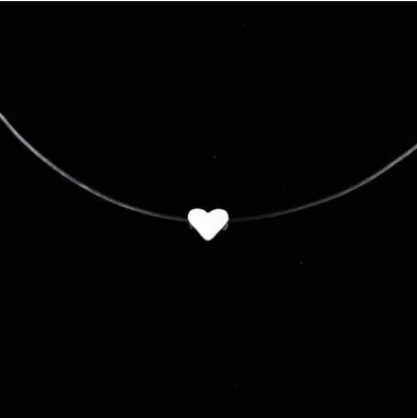 Transparent fishline necklace with simple clavicle chain and geometric copper pendant in Korean style