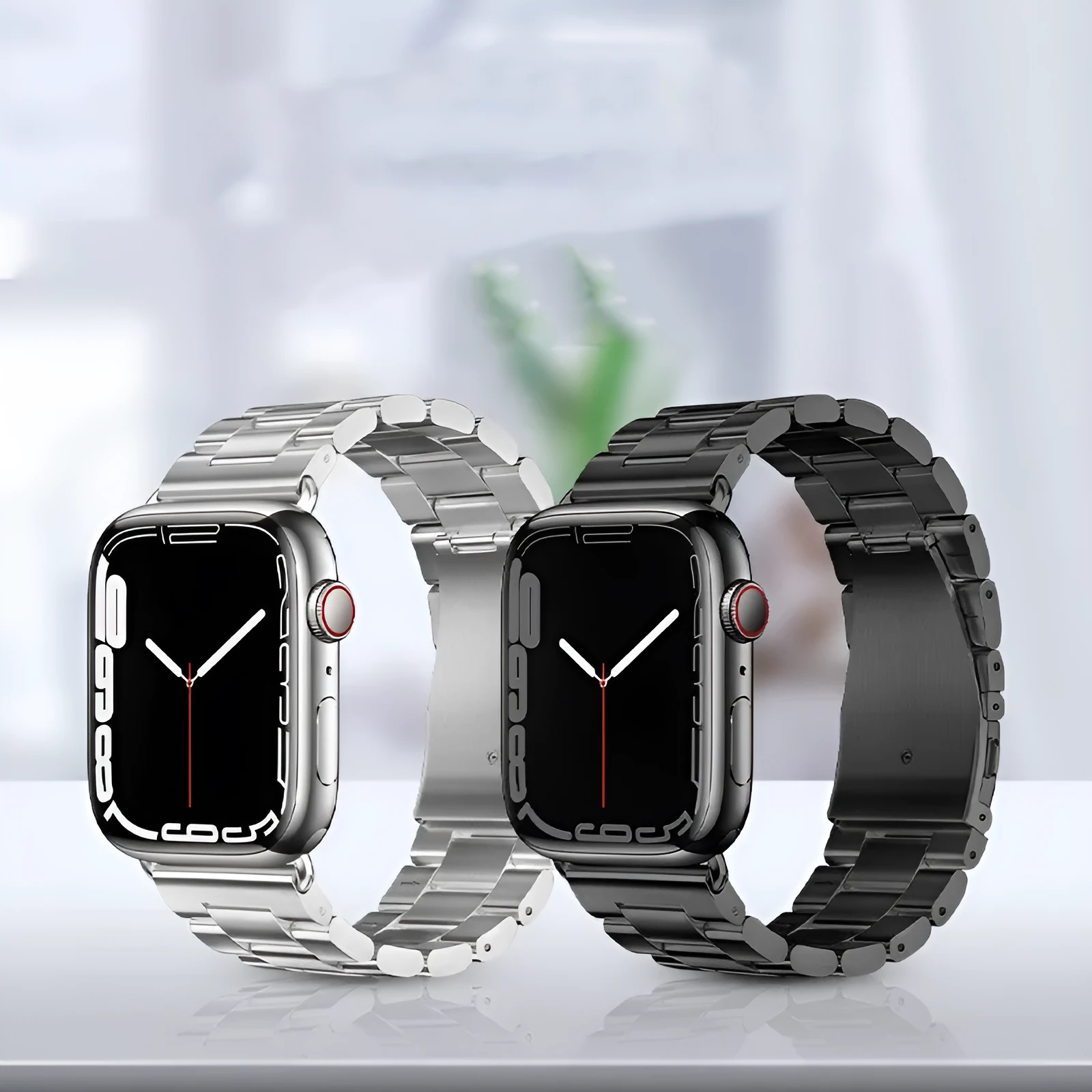 Three stainless steel metal watch bands for iWatch models 38/40/41mm and 42/44/45mm in five colours