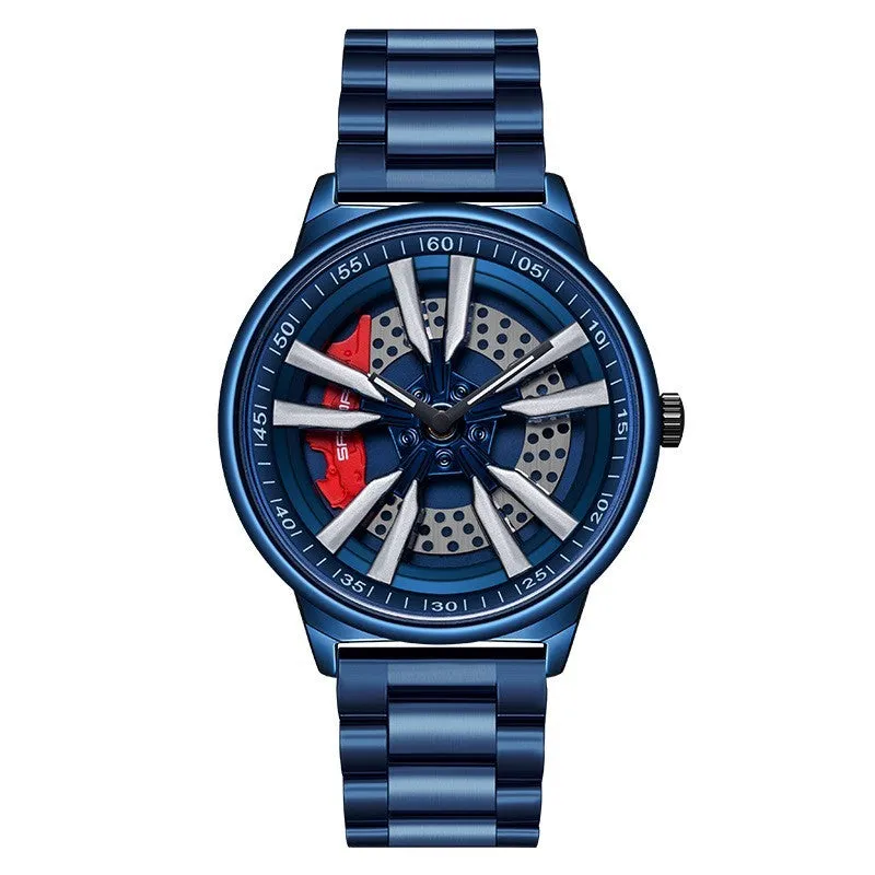 Men's creative rotating wheel quartz watch, 44mm dial, alloy case, mineral glass, on blue mesh belt