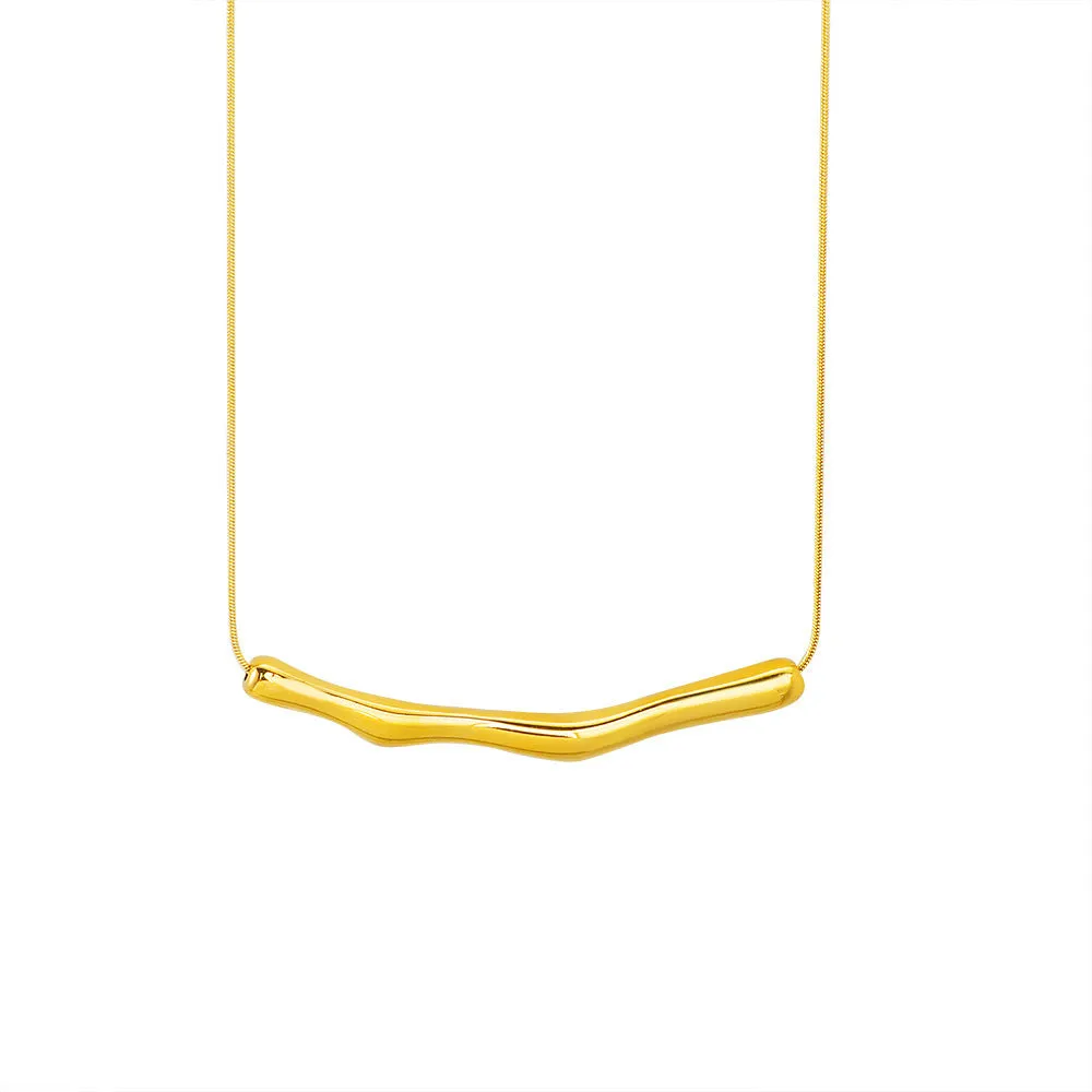 Close-up of a women's titanium steel necklace with an irregular pleated textured pendant in a gold tone.