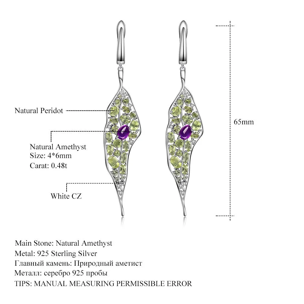 Women's 925 sterling silver earrings with purple amethyst and green olivine gems in a retro style