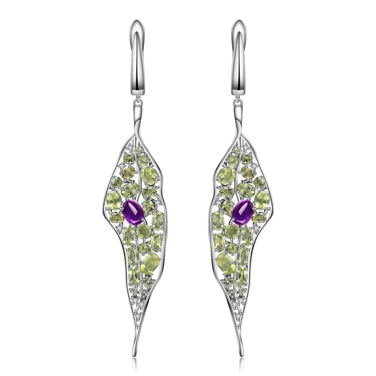 Women's 925 sterling silver earrings with purple amethyst and green olivine gems in a retro style