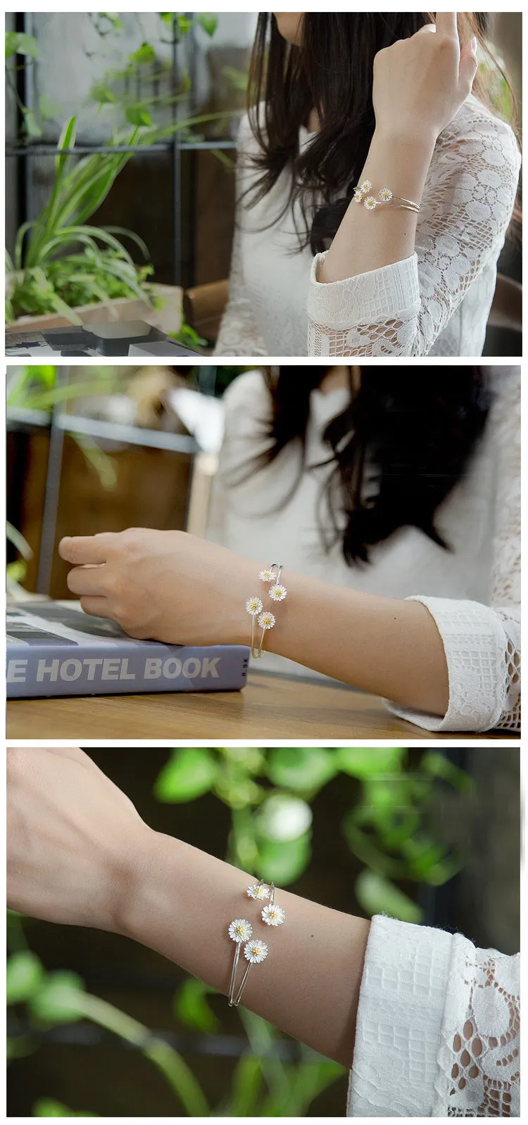 S925 sterling silver double daisy bracelet on a plain background, showing two daisy-shaped elements in a layered design