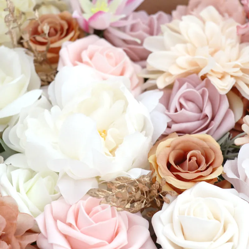Lotus Pink Champagne rose silk flower box wedding gift bouquet in box