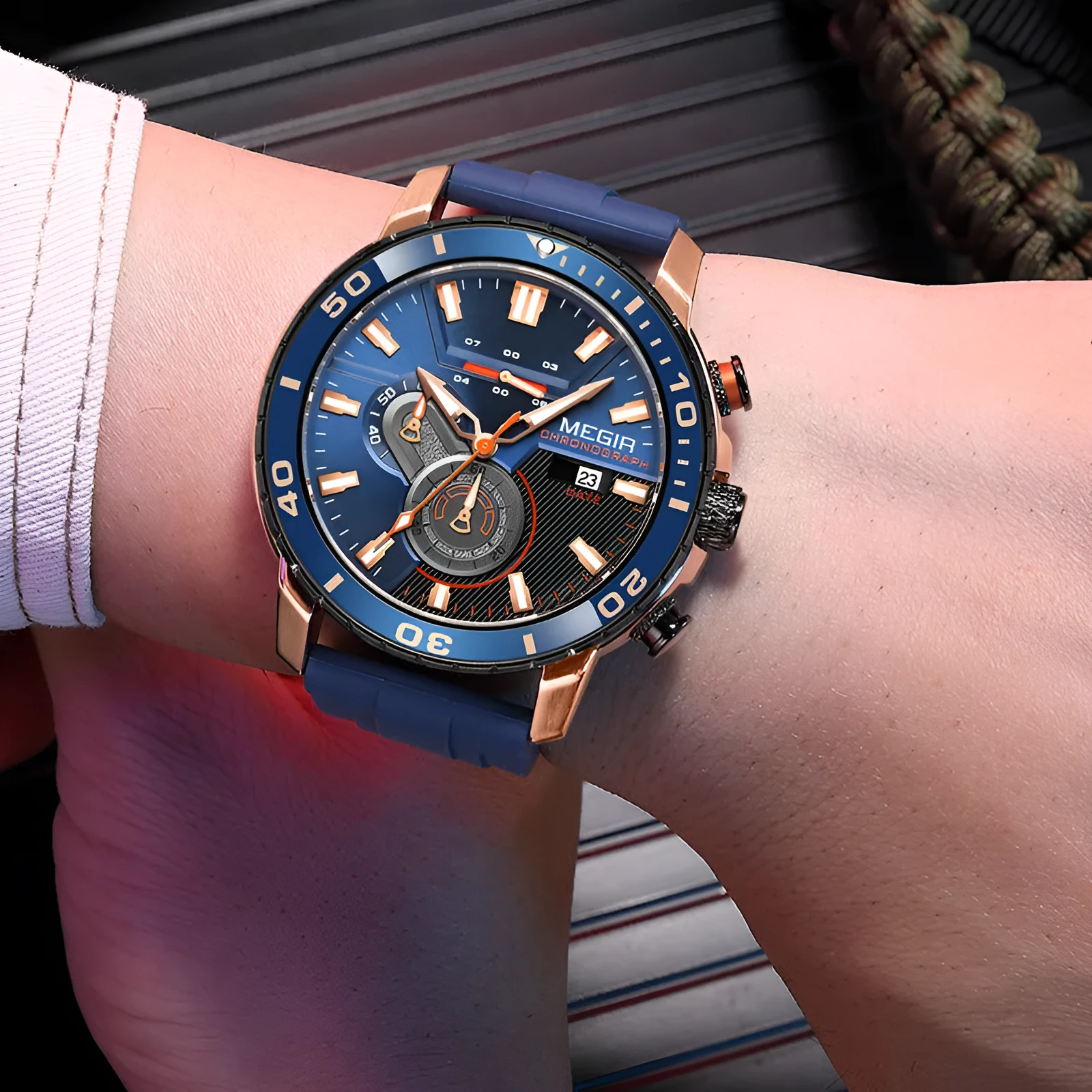 Men's multi-function chronograph calendar sports watch with 53mm dial, mineral glass, stainless steel, blue dial colour