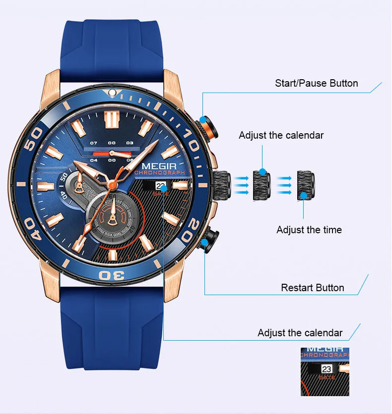 Men's multi-function chronograph calendar sports watch with 53mm dial, mineral glass, stainless steel, blue dial colour