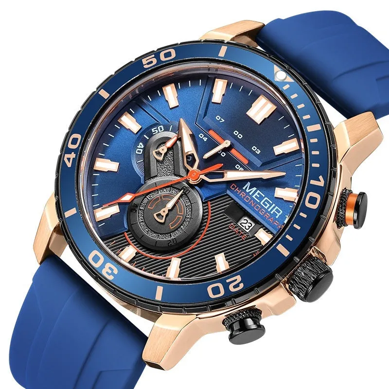 Men's multi-function chronograph calendar sports watch with 53mm dial, mineral glass, stainless steel, blue dial colour