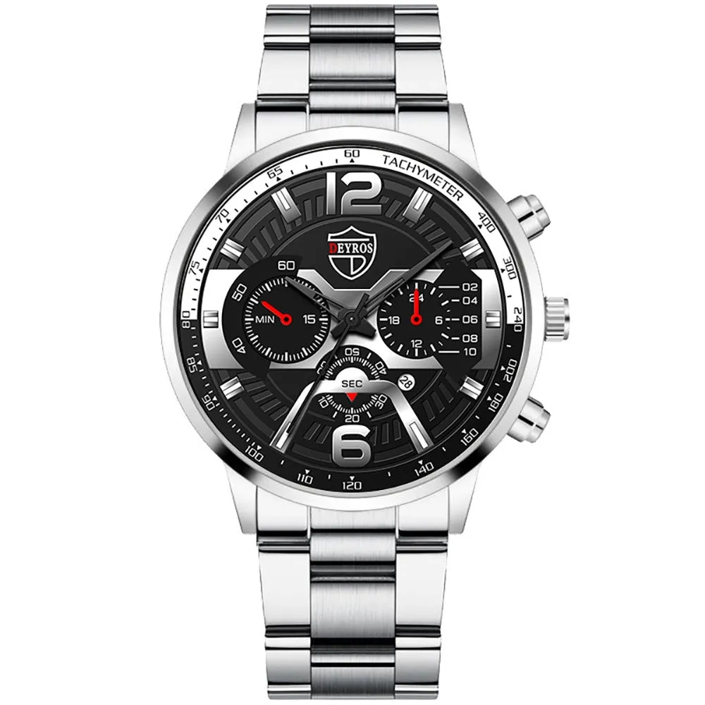 Men's stainless steel quartz watch with 40mm dial and date window on black background