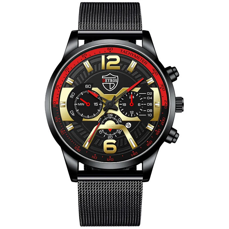 Men's stainless steel quartz watch with 40mm dial and date window on black background