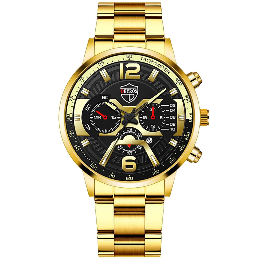 Men's stainless steel quartz watch with 40mm dial and date window on black background