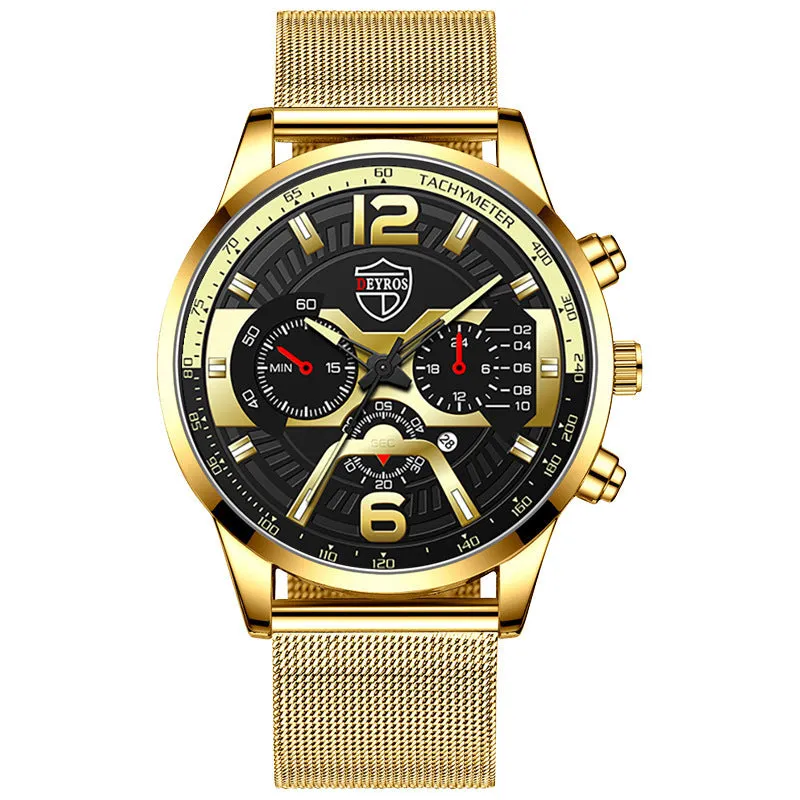 Men's stainless steel quartz watch with 40mm dial and date window on black background