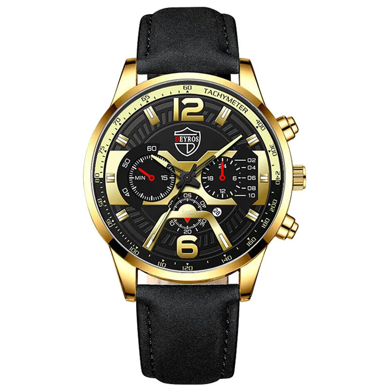 Men's stainless steel quartz watch with 40mm dial and date window on black background
