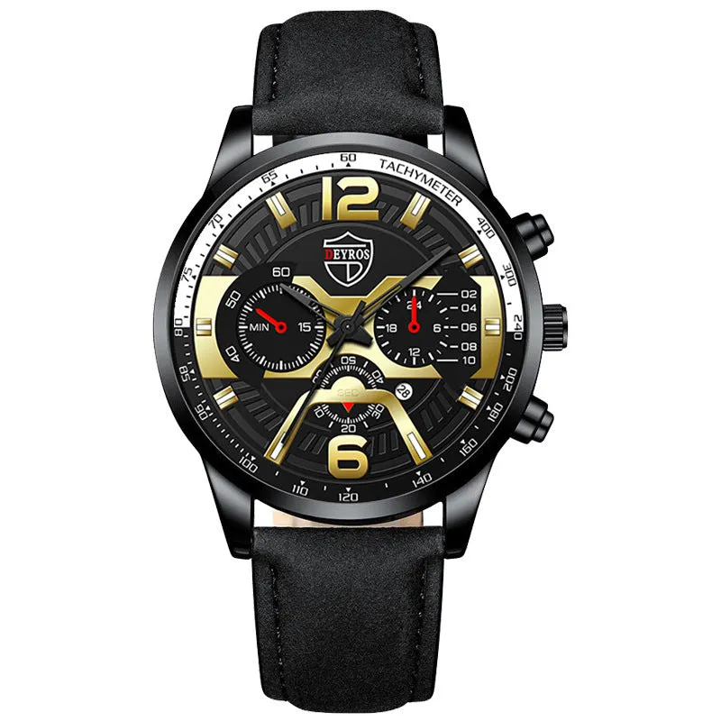 Men's stainless steel quartz watch with 40mm dial and date window on black background