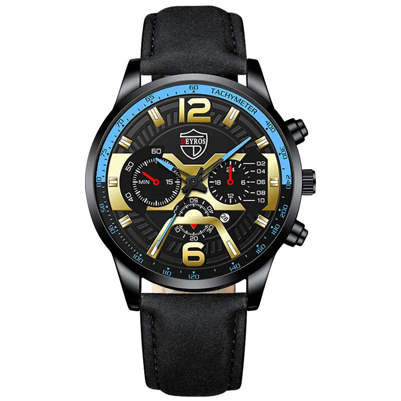 Men's stainless steel quartz watch with 40mm dial and date window on black background