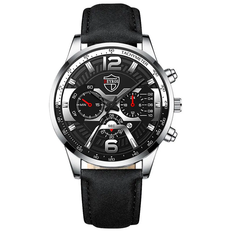 Men's stainless steel quartz watch with 40mm dial and date window on black background
