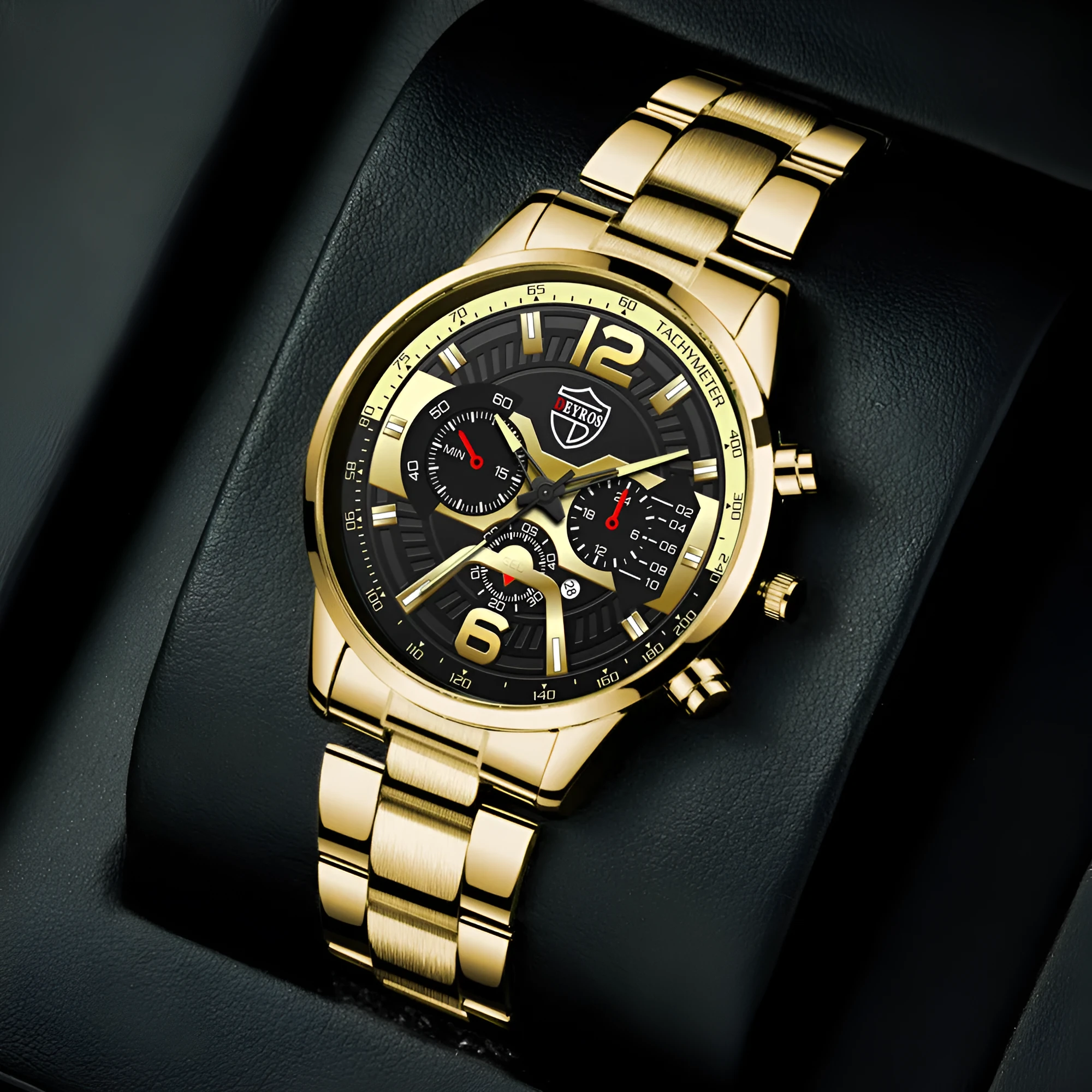 Men's stainless steel quartz watch with 40mm dial and date window on black background