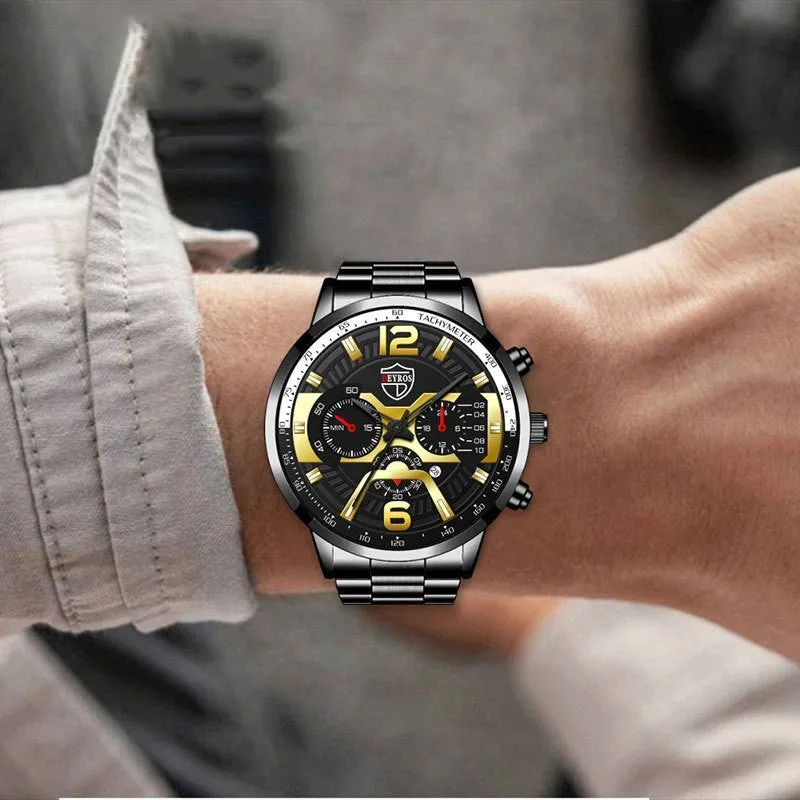Men's stainless steel quartz watch with 40mm dial and date window on black background