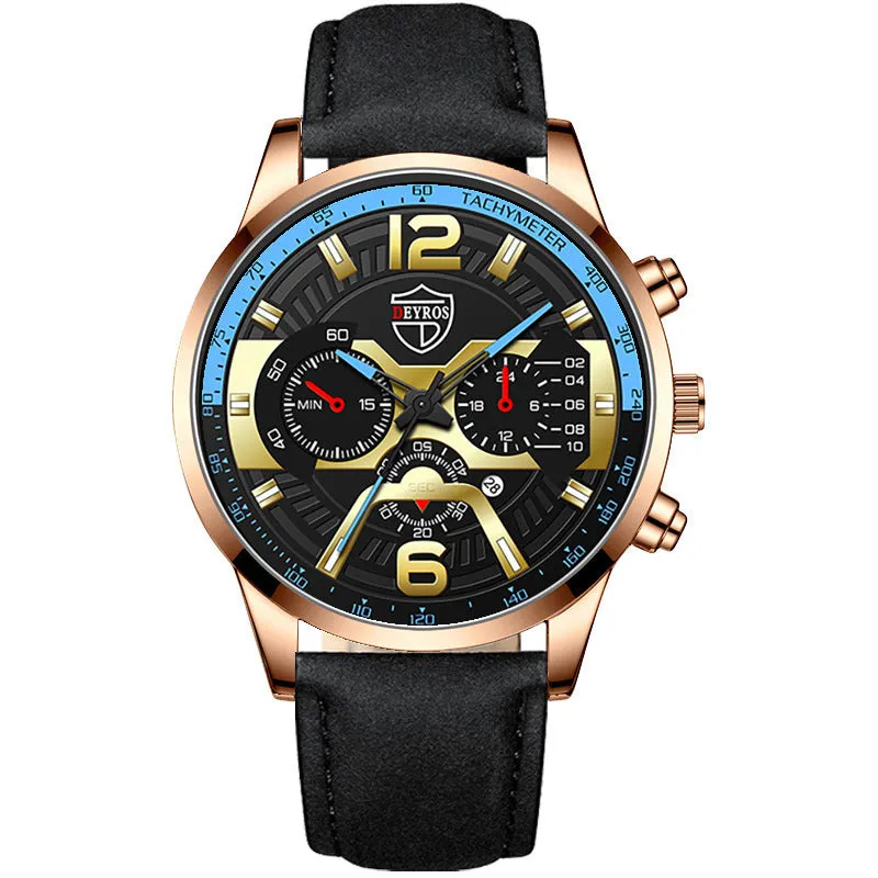 Men's stainless steel quartz watch with 40mm dial and date window on black background