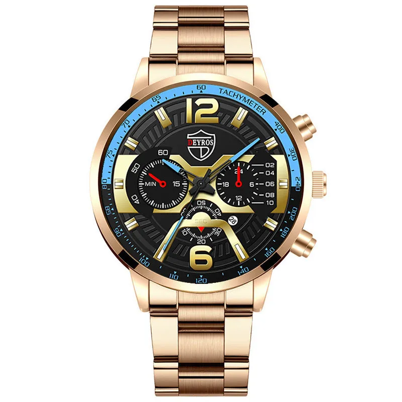Men's stainless steel quartz watch with 40mm dial and date window on black background