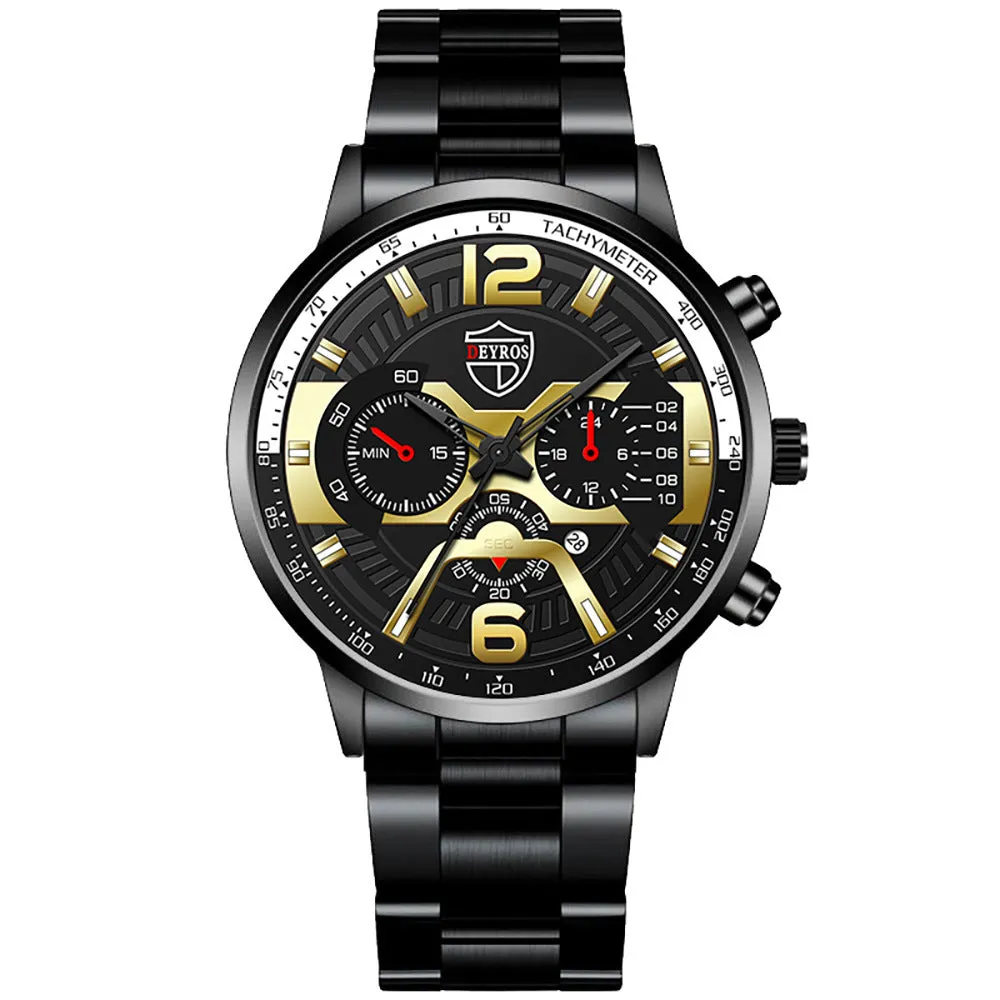 Men's stainless steel quartz watch with 40mm dial and date window on black background