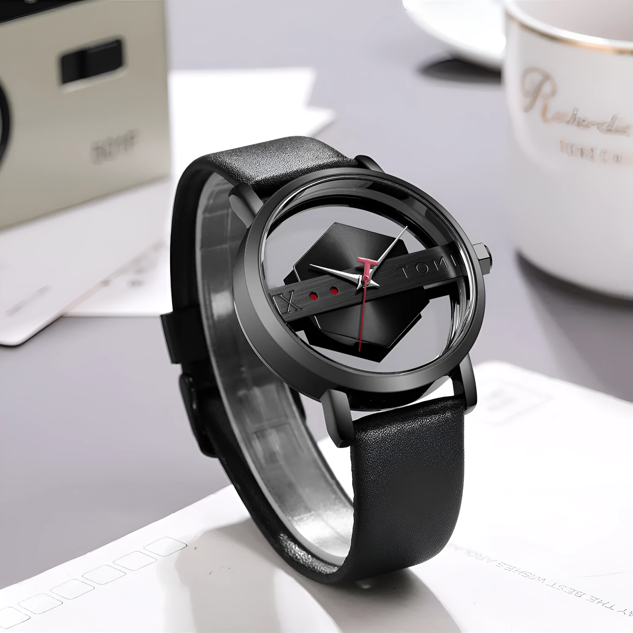 Hollow out see-through unisex leather casual quartz watch with brown gold surface and slim 10mm case