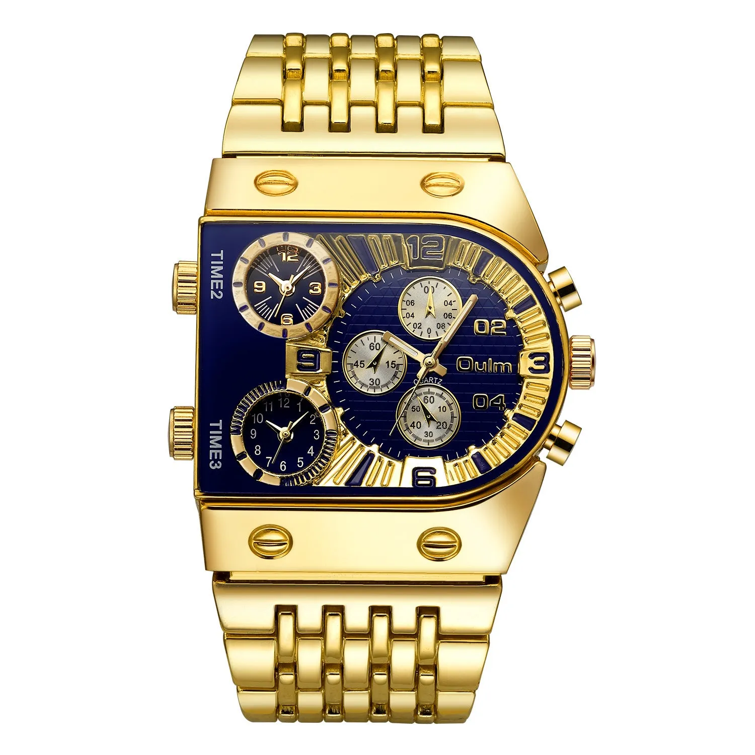 Luminous men's gold-tone watch with steel band and white multifunction dial against grey background