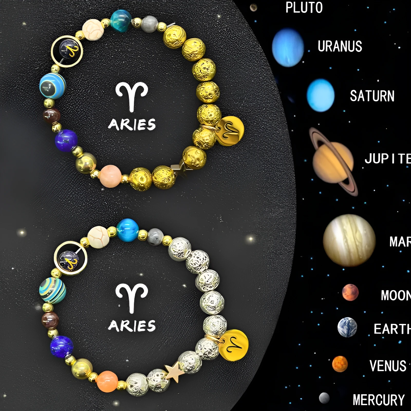Set of twelve natural stone bead bracelets on an adjustable cord, each for a different Chinese zodiac sign.