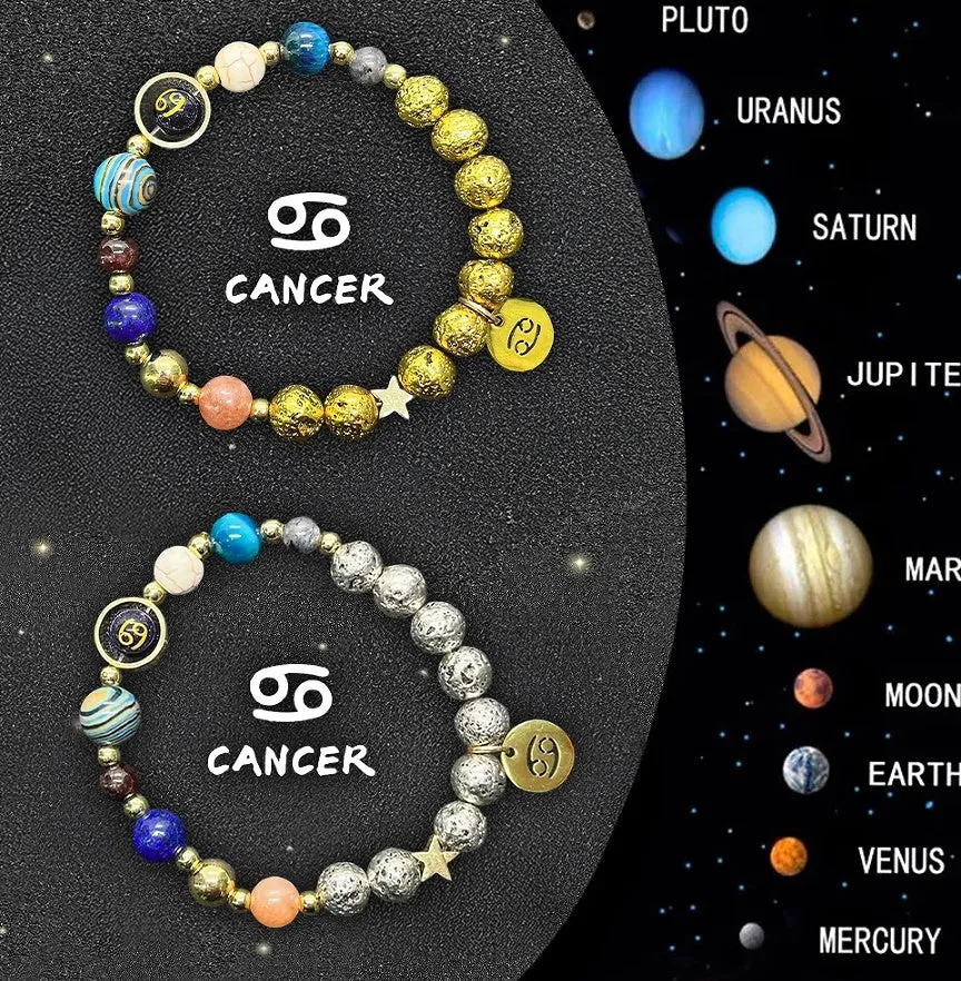 Set of twelve natural stone bead bracelets on an adjustable cord, each for a different Chinese zodiac sign.
