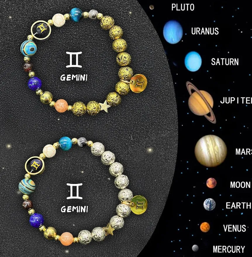 Set of twelve natural stone bead bracelets on an adjustable cord, each for a different Chinese zodiac sign.