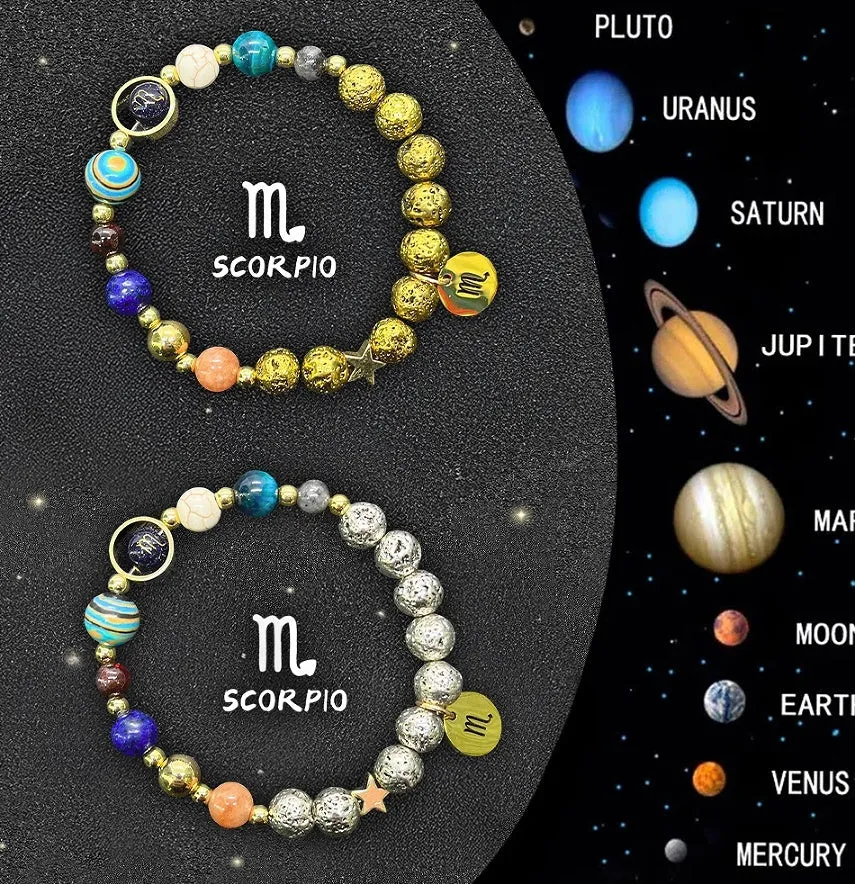 Set of twelve natural stone bead bracelets on an adjustable cord, each for a different Chinese zodiac sign.
