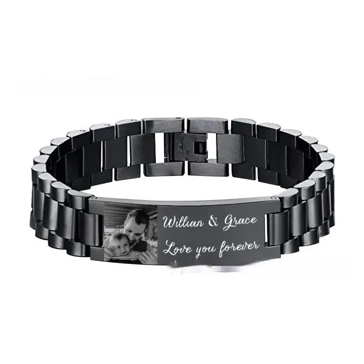 Titanium steel bracelet with curved heart piece featuring electroplated lettering in gift box