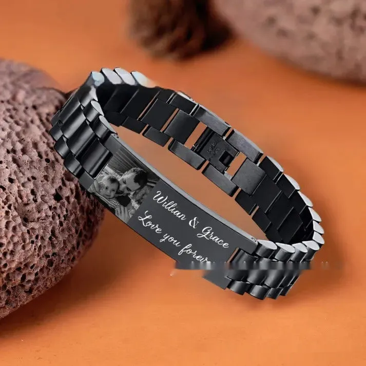 Titanium steel bracelet with curved heart piece featuring electroplated lettering in gift box