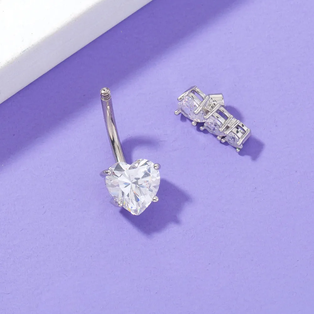 Stainless steel heart-to-heart navel pin with copper zircon and electroplated finish, 0.9cm by 2.3cm