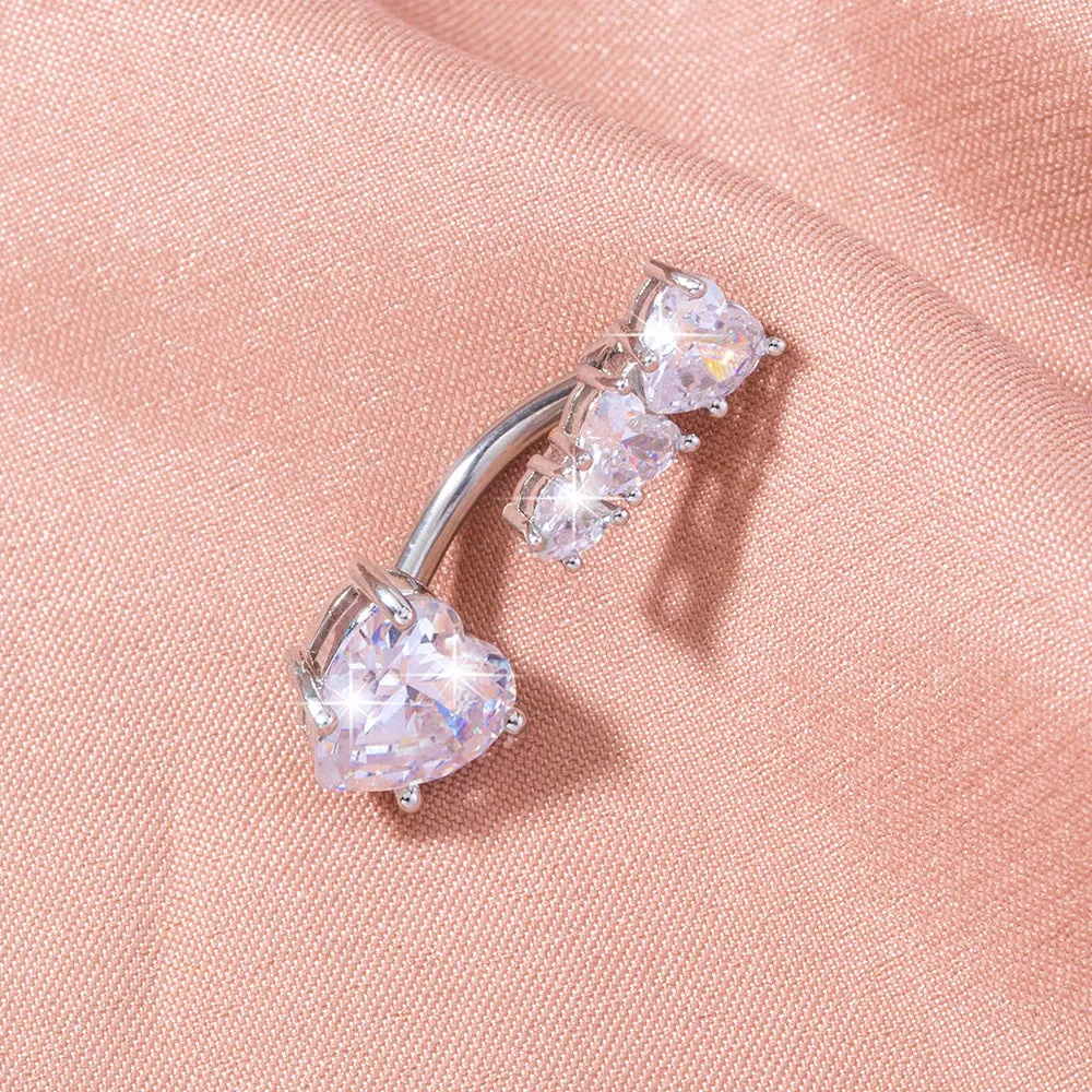 Stainless steel heart-to-heart navel pin with copper zircon and electroplated finish, 0.9cm by 2.3cm