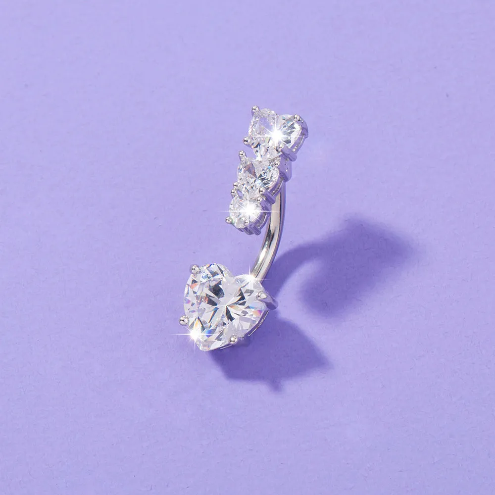Stainless steel heart-to-heart navel pin with copper zircon and electroplated finish, 0.9cm by 2.3cm