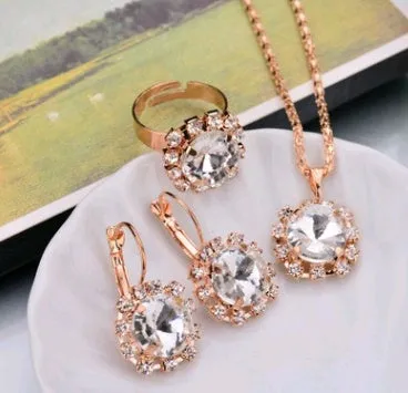Water drop colour diamond jewellery set with alloy and artificial crystal necklace earrings rings for bridal wear