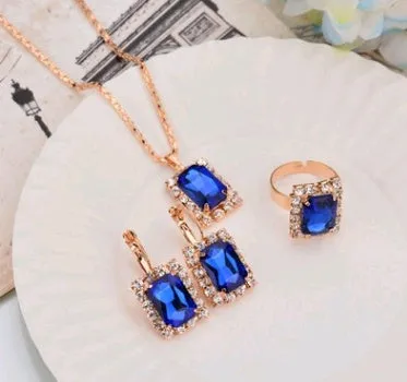 Water drop colour diamond jewellery set with alloy and artificial crystal necklace earrings rings for bridal wear