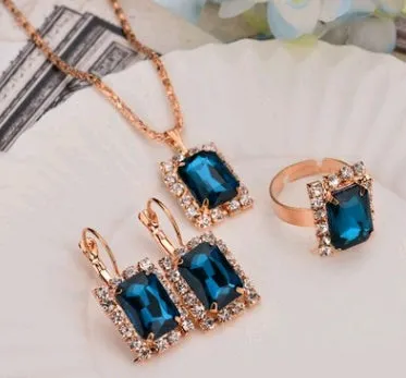 Water drop colour diamond jewellery set with alloy and artificial crystal necklace earrings rings for bridal wear