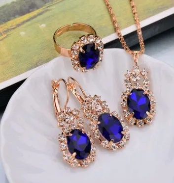 Water drop colour diamond jewellery set with alloy and artificial crystal necklace earrings rings for bridal wear