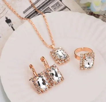 Water drop colour diamond jewellery set with alloy and artificial crystal necklace earrings rings for bridal wear